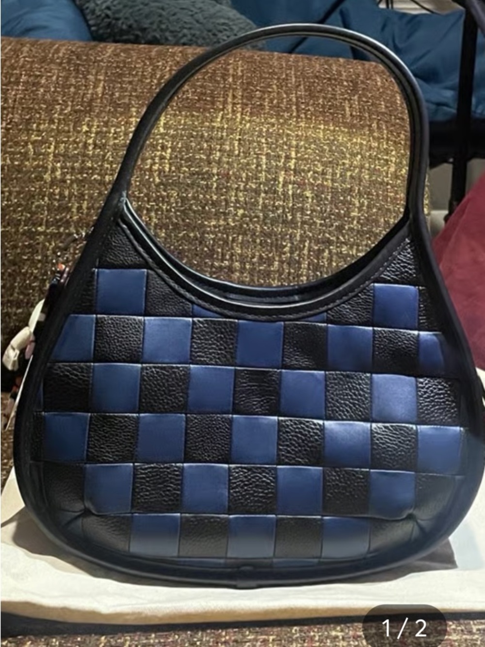 Woven Checkerboard Shoulder Bag - Black & Navy